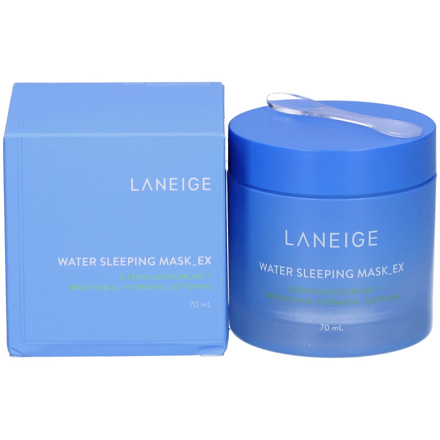 Blauer Tiegel und Schachtel. Aufschrift: LANEIGE, WATER SLEEPING MASK_EX, 70 ml.
