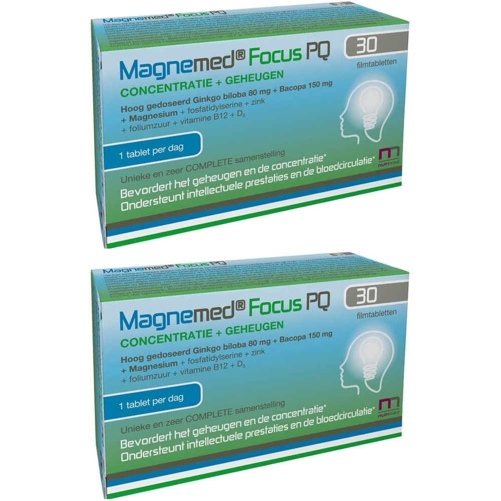 Twee dozen Magnemed Focus PQ. Opschrift: Concentratie + Geheugen, 30 tabletten. Groen-witte verpakking met productnaam en logo.