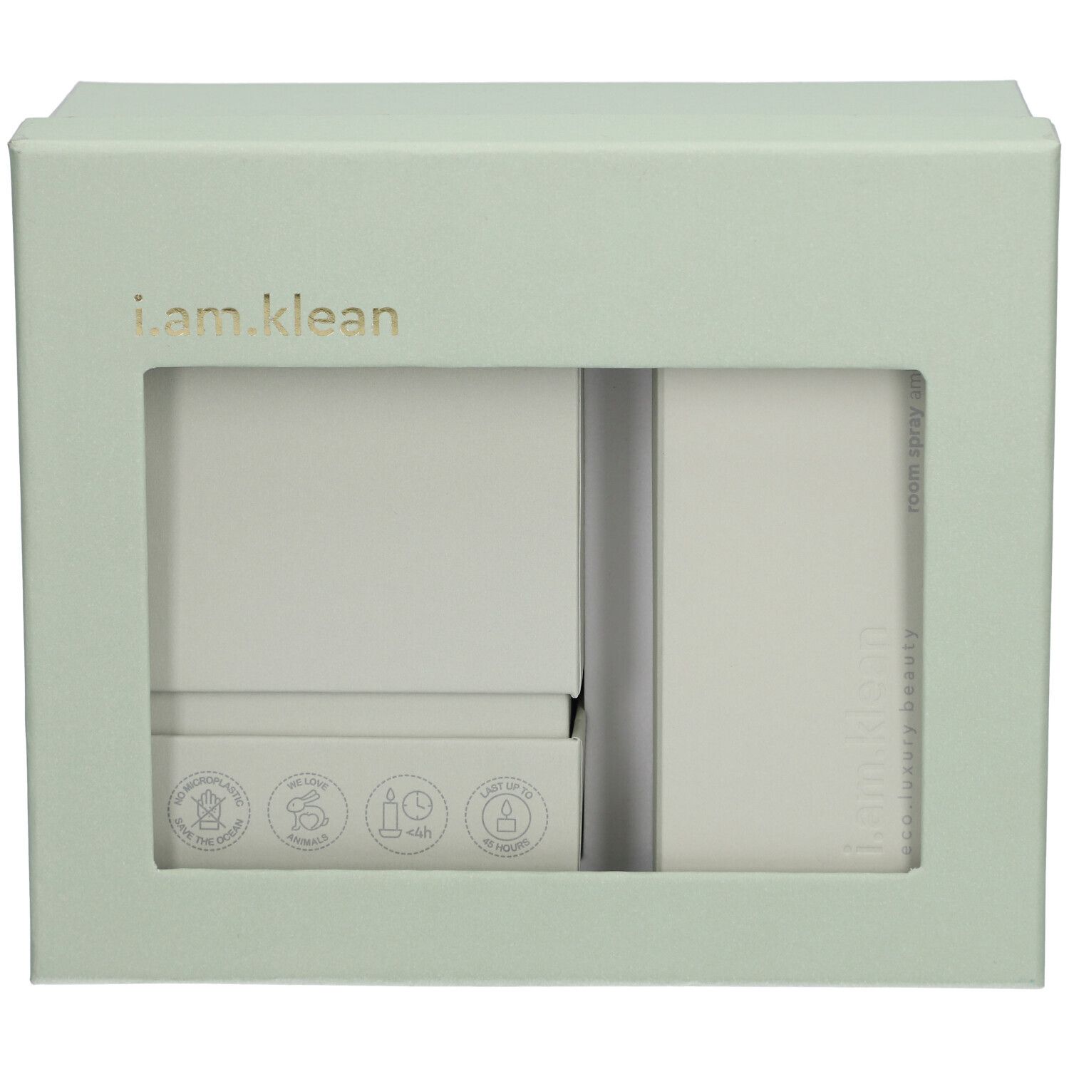 Lichtgroene geschenkverpakking. Venster toont inhoud. Merk: i.am.klean. Gouden belettering.