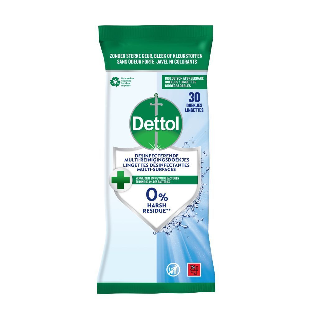 Verpakking met reinigingsdoekjes. Merk Dettol, groene en witte verpakking. Bevat 30 doekjes. Opschrift: Desinfecterend, multi-oppervlakken.