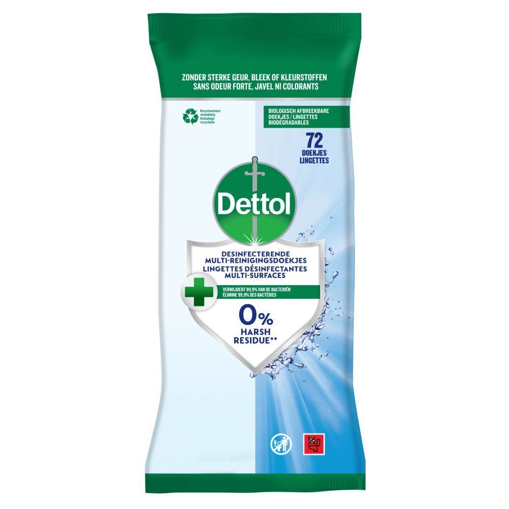 Verpakking Dettol multi-reinigingsdoekjes. Groen-wit design. Bevat 72 doekjes. 0% residu.