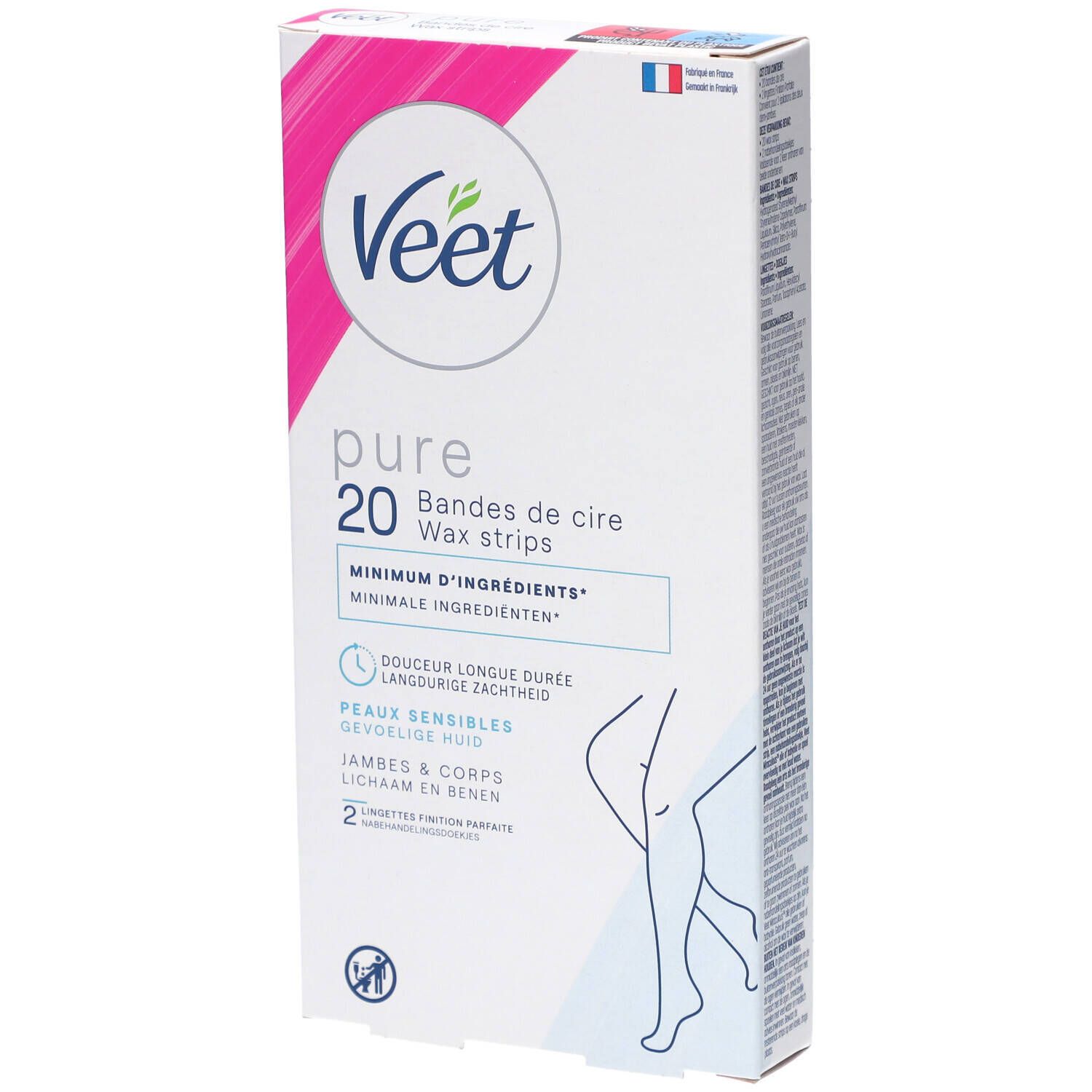 Boîte de bandes de cire Veet Pure. Contient 20 bandes. Emballage blanc et rose avec nom du produit et illustration.