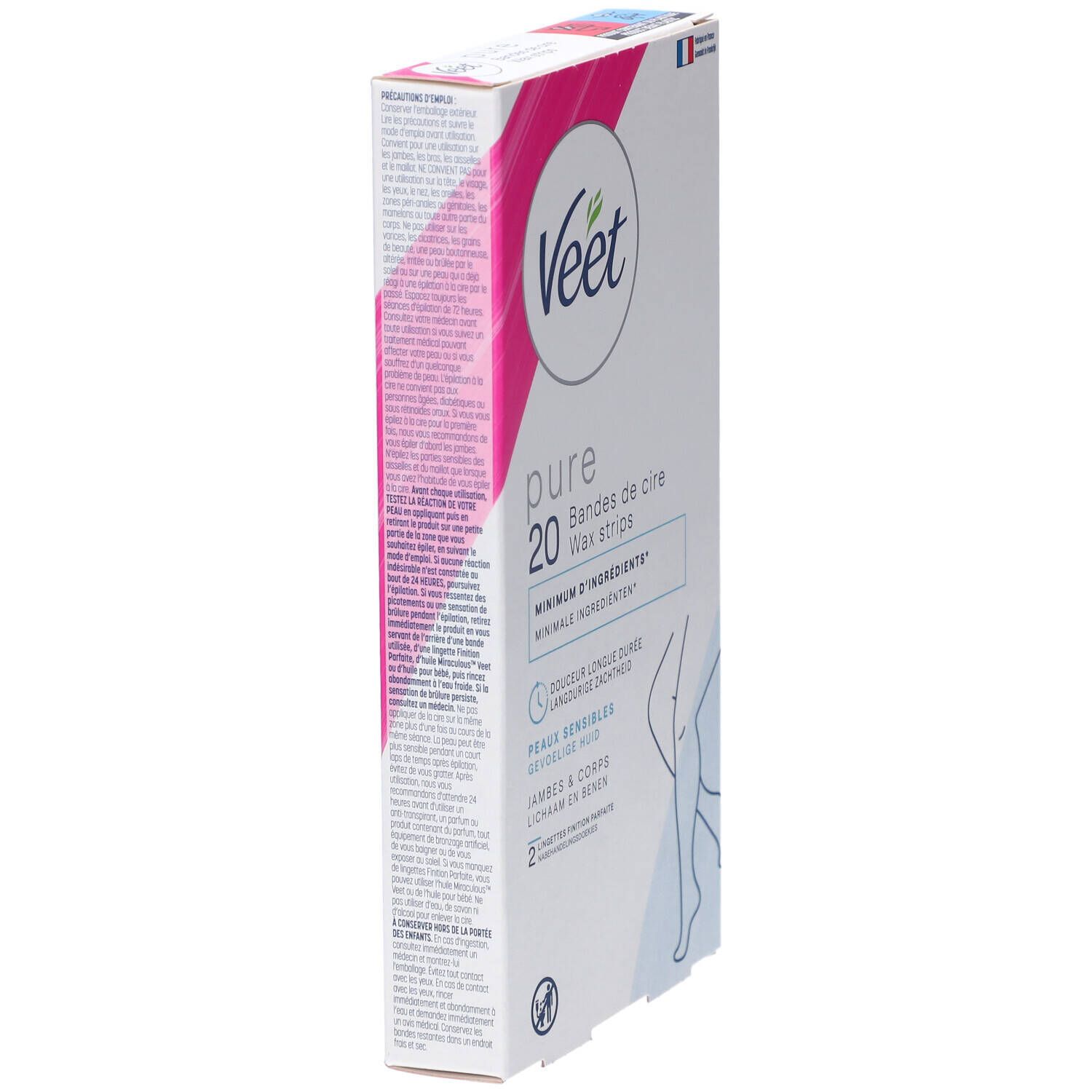 Boîte de bandes de cire Veet Pure. Vue latérale. Emballage blanc et rose avec nom du produit et texte.