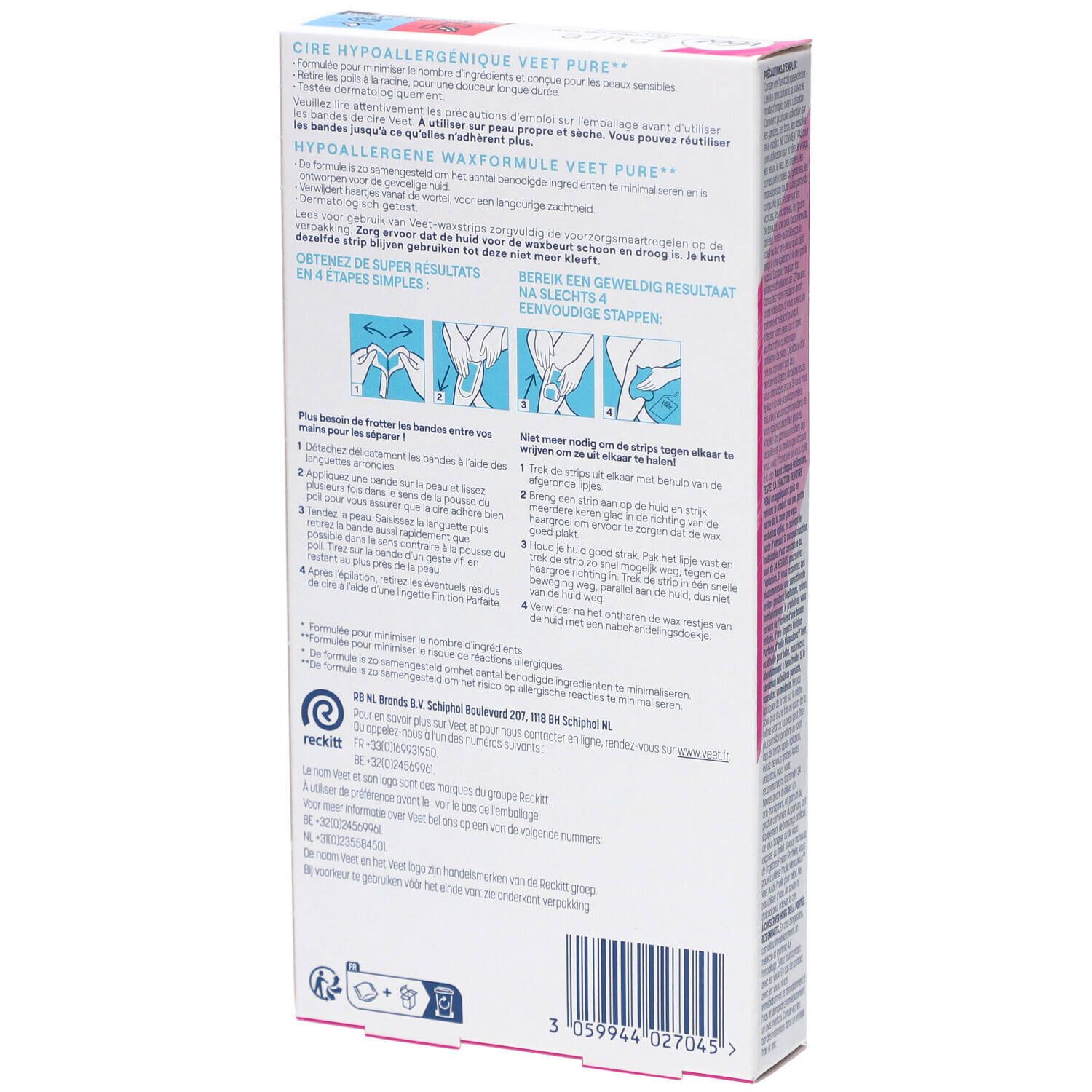 Dos de la boîte de bandes de cire Veet Pure. Texte multilingue, illustrations et code-barres.