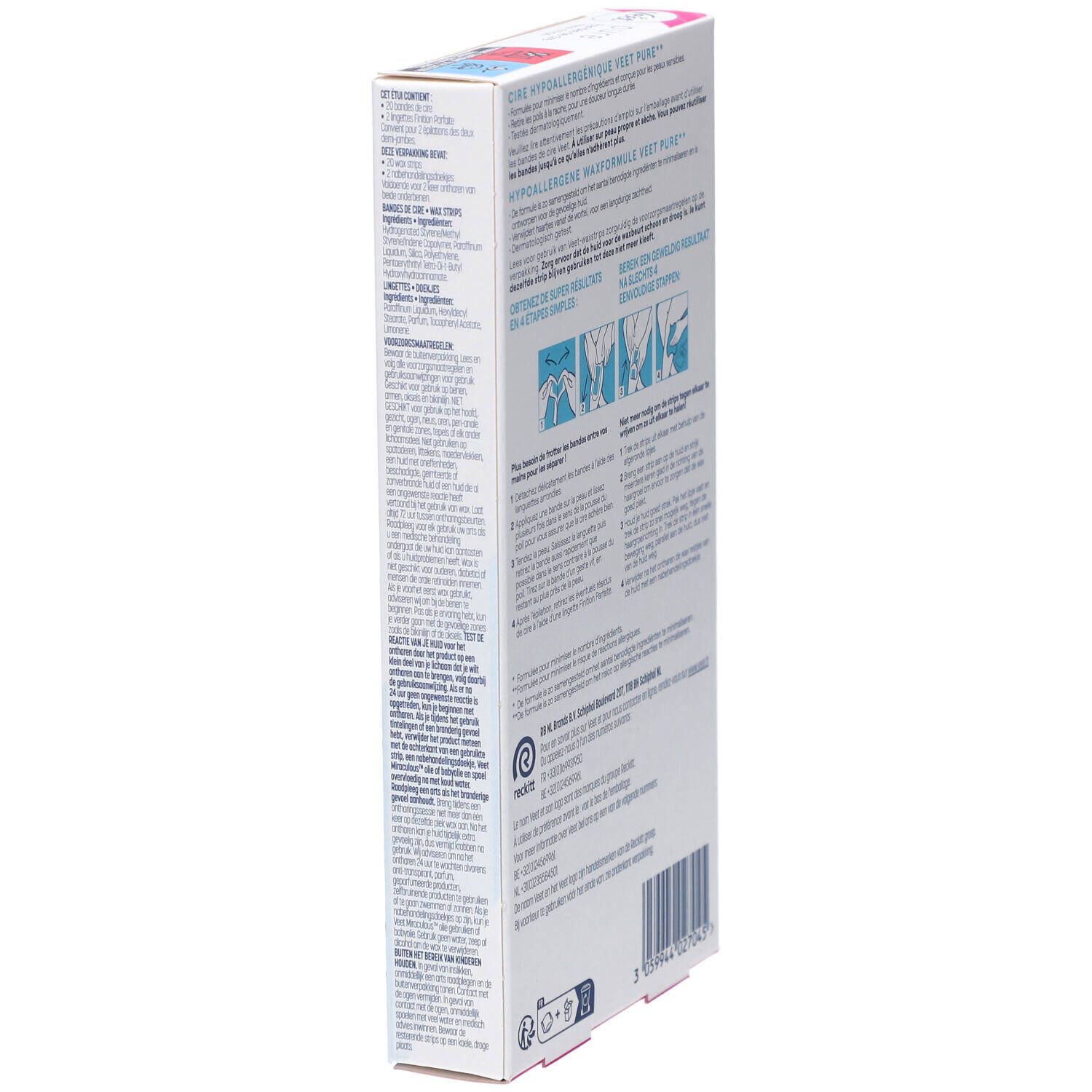 Vue latérale de la boîte de bandes de cire Veet Pure. Texte multilingue, illustrations et code-barres.
