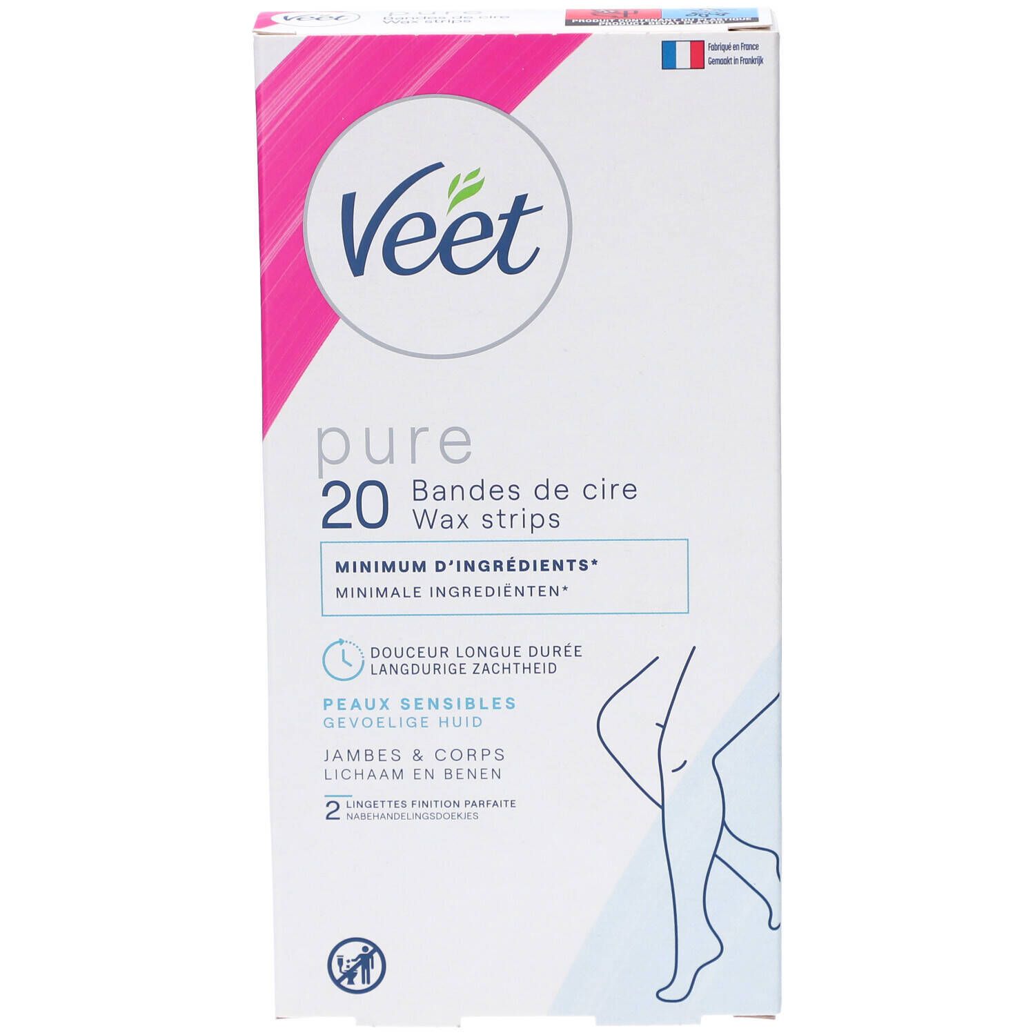 Boîte de bandes de cire Veet Pure. Contient 20 bandes. Emballage blanc et rose avec nom du produit et illustration.