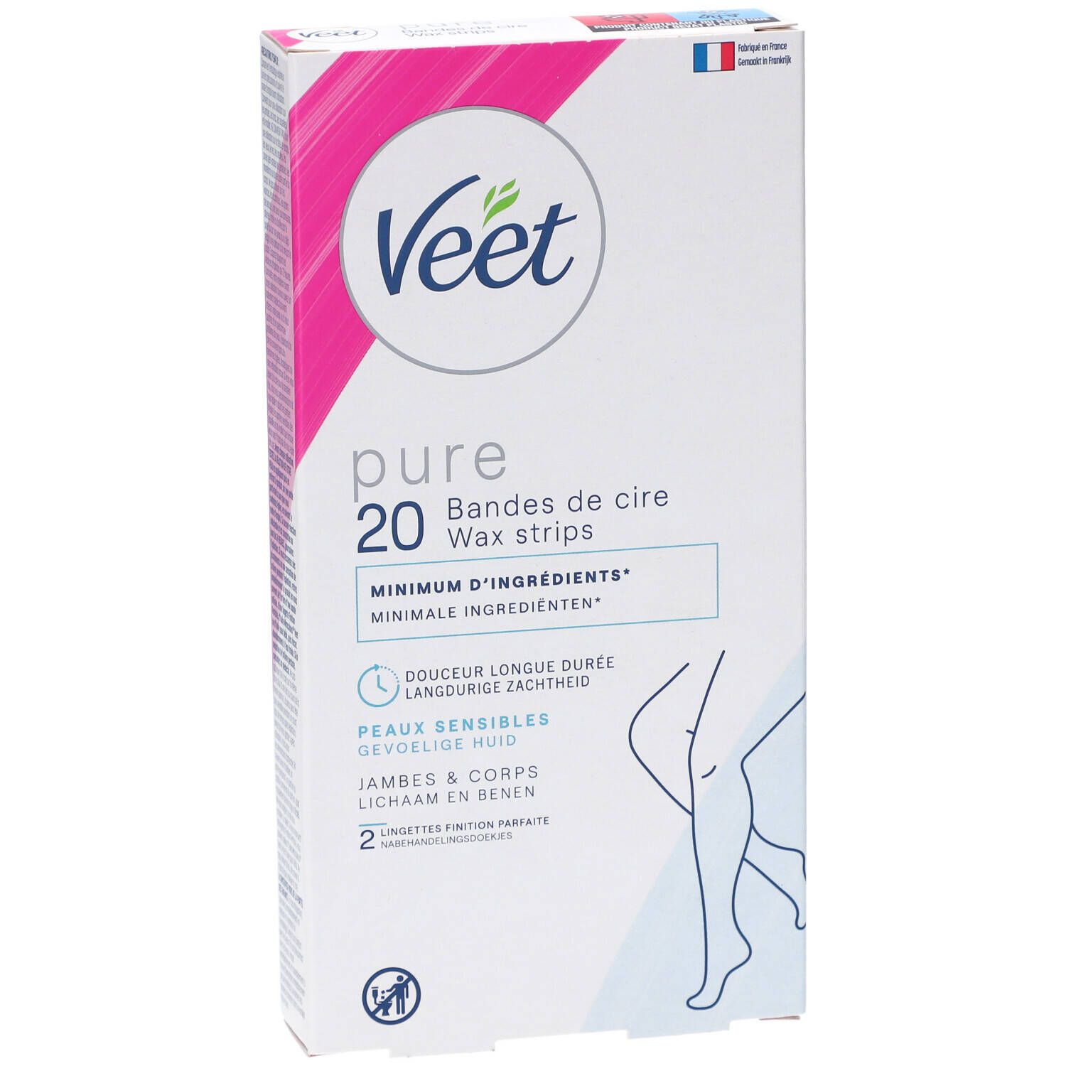 Boîte de bandes de cire Veet Pure. Emballage blanc et rose avec nom du produit et illustration.