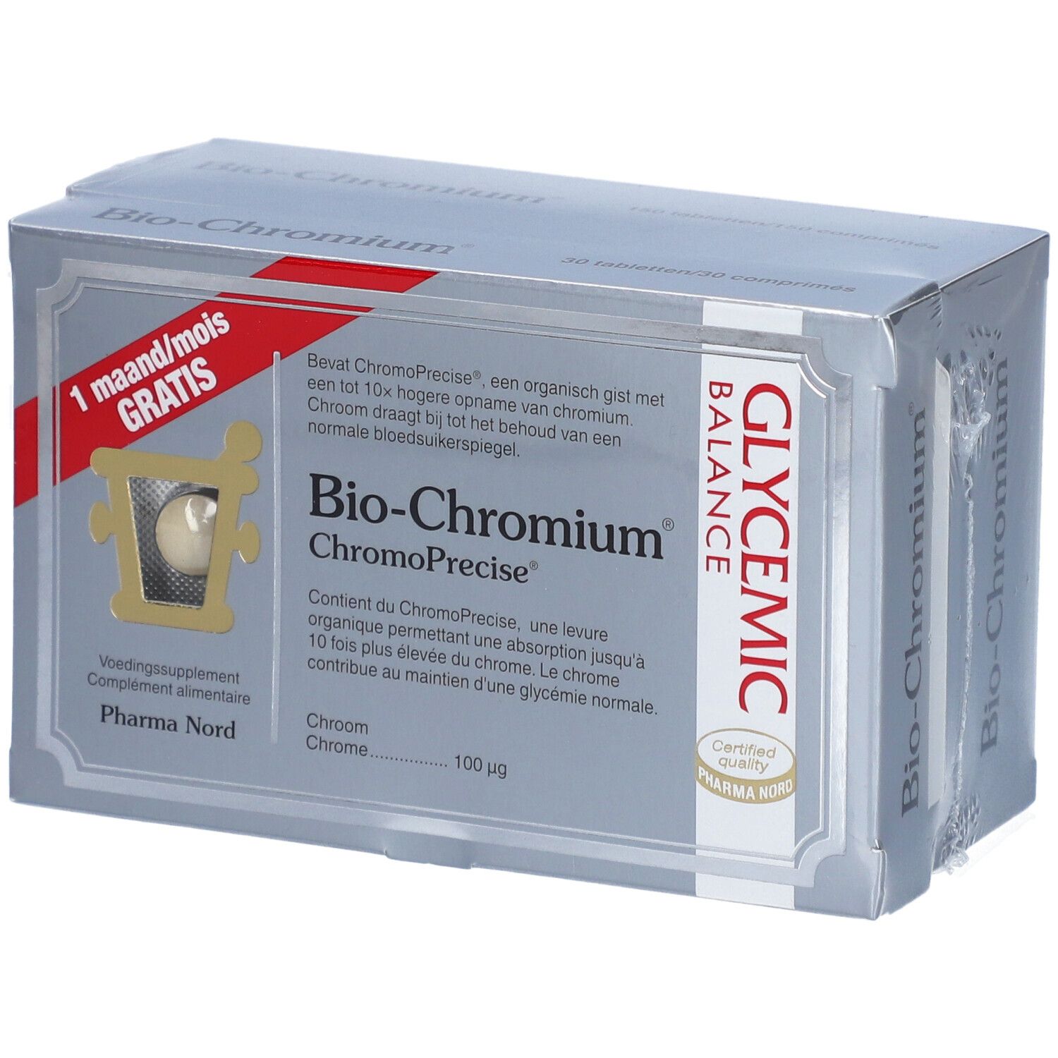 Boîte Pharma Nord Bio-Chromium® 150+30 OFFERT. Contient des comprimés. Texte: Bio-Chromium, ChromoPrecise, Glycemic Balance.