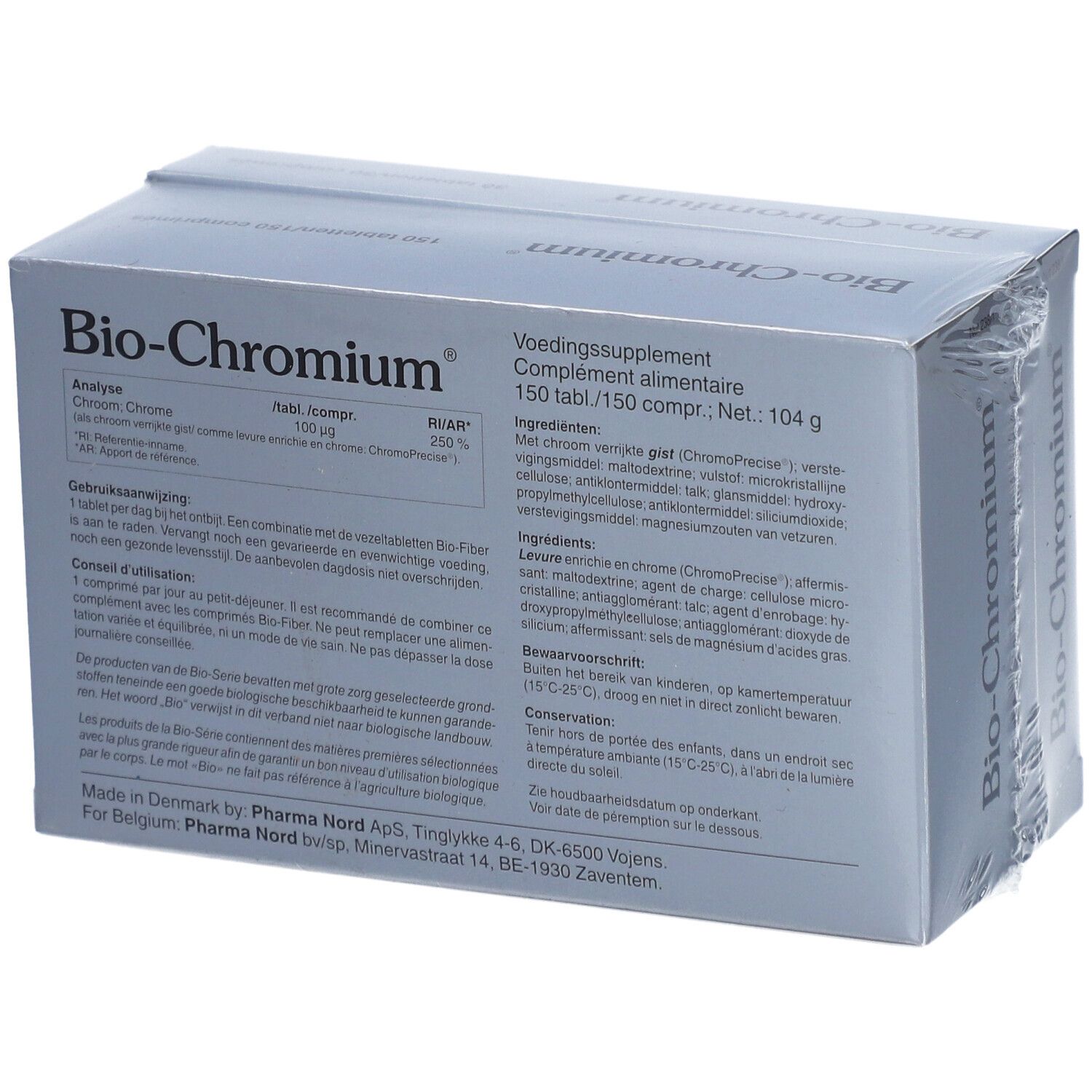 Boîte Pharma Nord Bio-Chromium®. Contient des comprimés. Texte: Bio-Chromium, Complément alimentaire, 150 tabl./104 g.