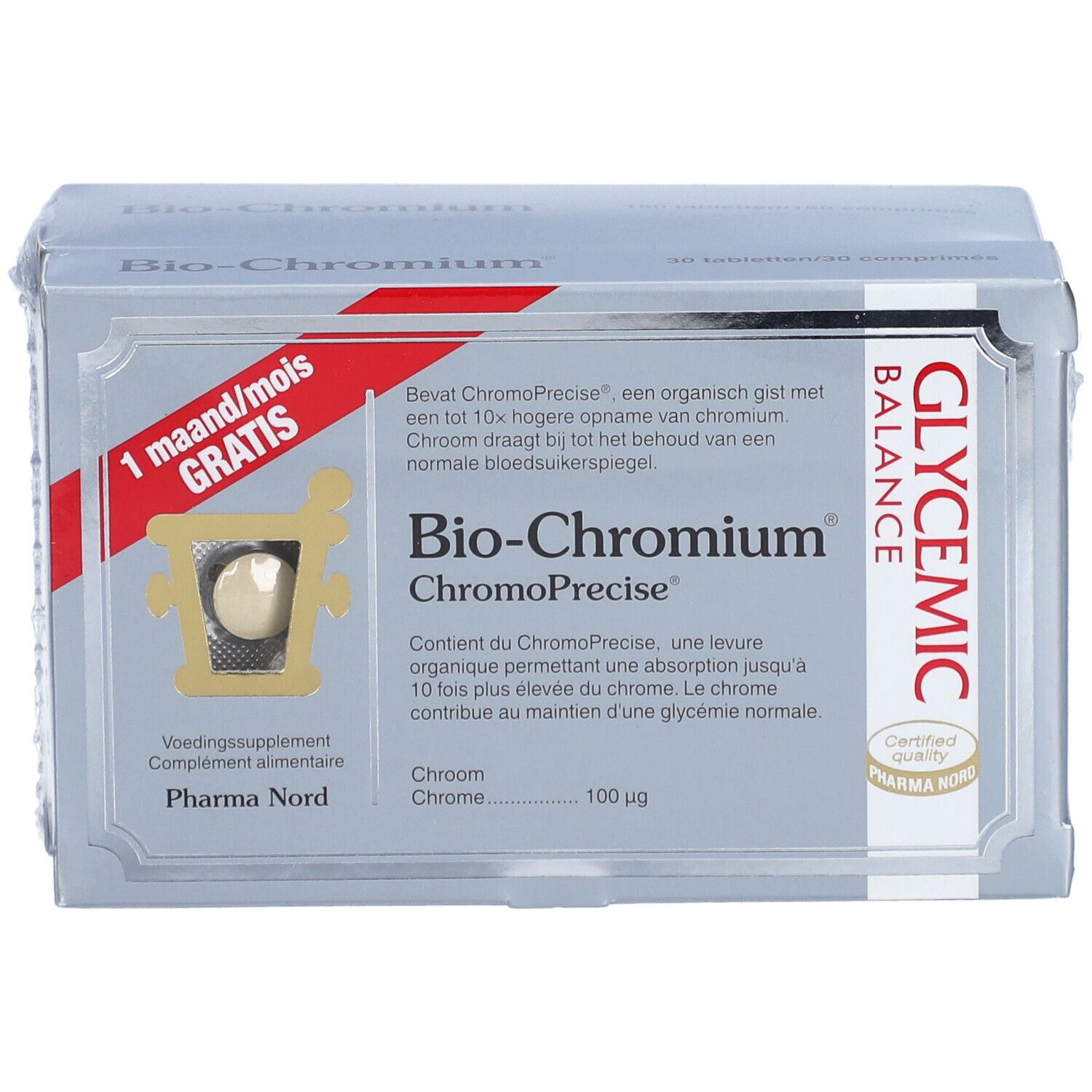 Boîte Pharma Nord Bio-Chromium® 150+30 OFFERT. Contient des comprimés. Texte: Bio-Chromium, ChromoPrecise, Glycemic Balance.