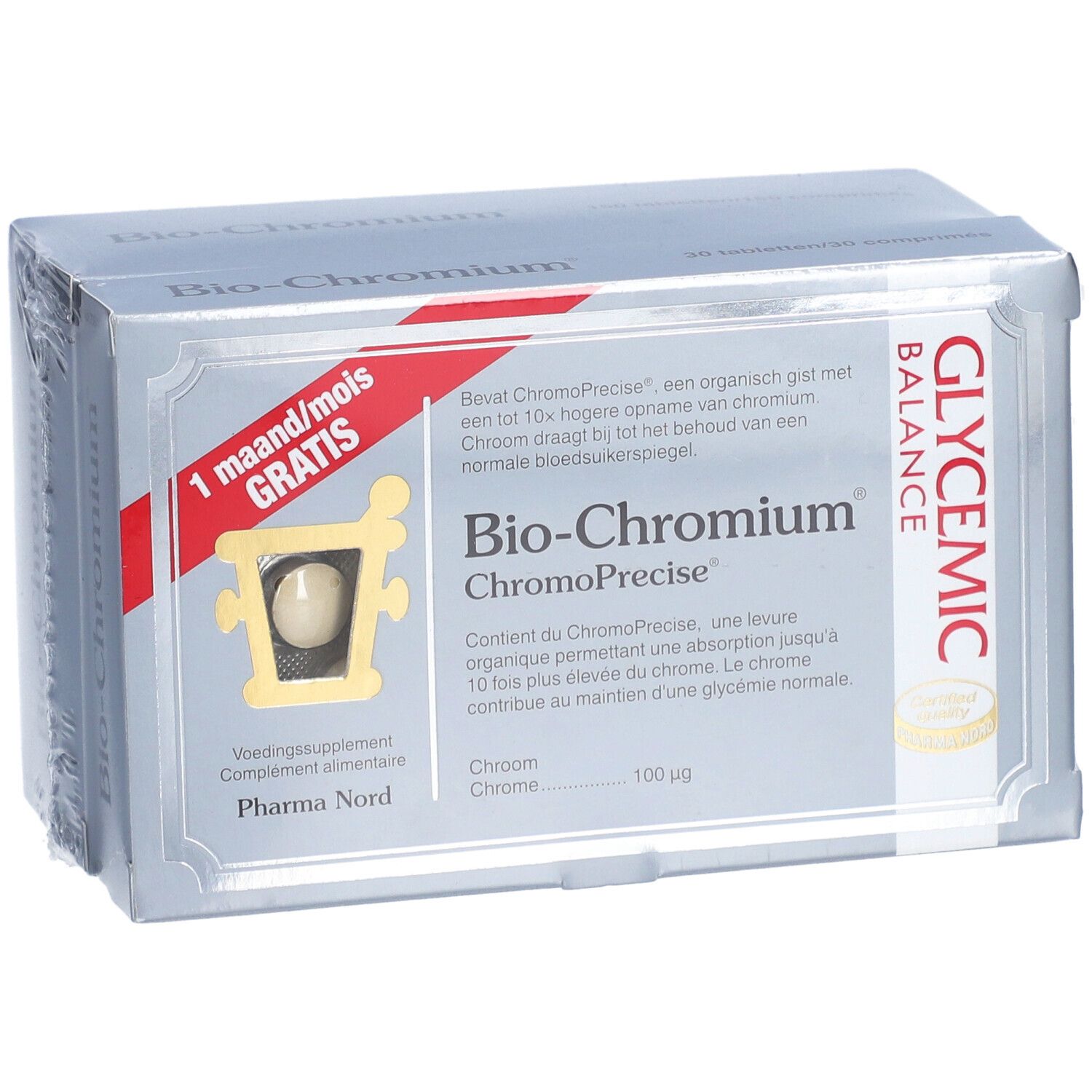 Boîte Pharma Nord Bio-Chromium® 150+30 OFFERT. Contient des comprimés. Texte: Bio-Chromium, ChromoPrecise, Glycemic Balance.