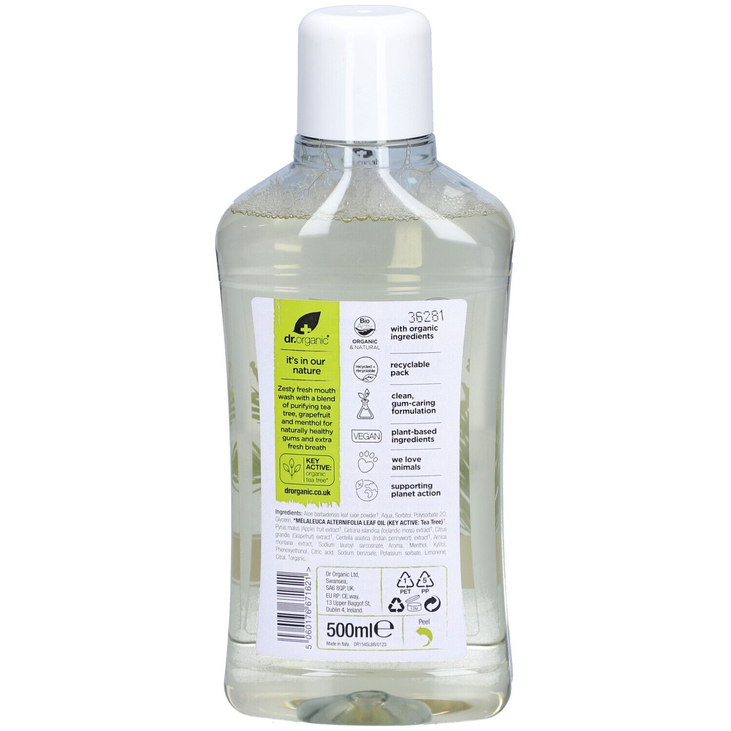 Rückseite der Flasche. Etikett mit Produktinformationen, Inhaltsstoffen und Logos. 500ml.