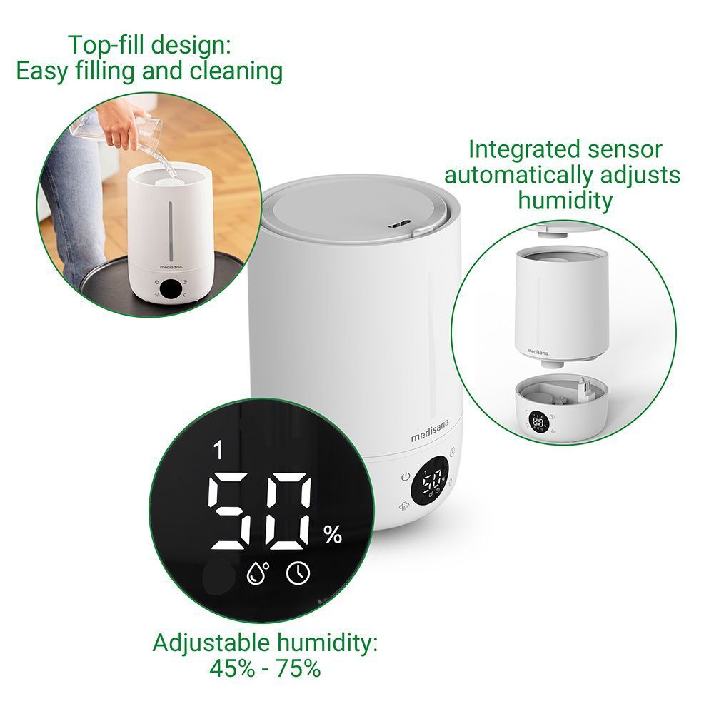 Weißer Luftbefeuchter mit digitaler Anzeige. Funktionen: Top-Fill-Design, integrierter Sensor, einstellbare Luftfeuchtigkeit.