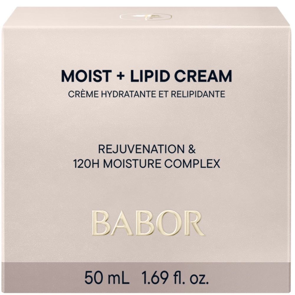 Babor Skinovage Moist+Lipid Cream, Seitenansicht mit Hinweisen zu Inhaltsstoffen und Volumen.