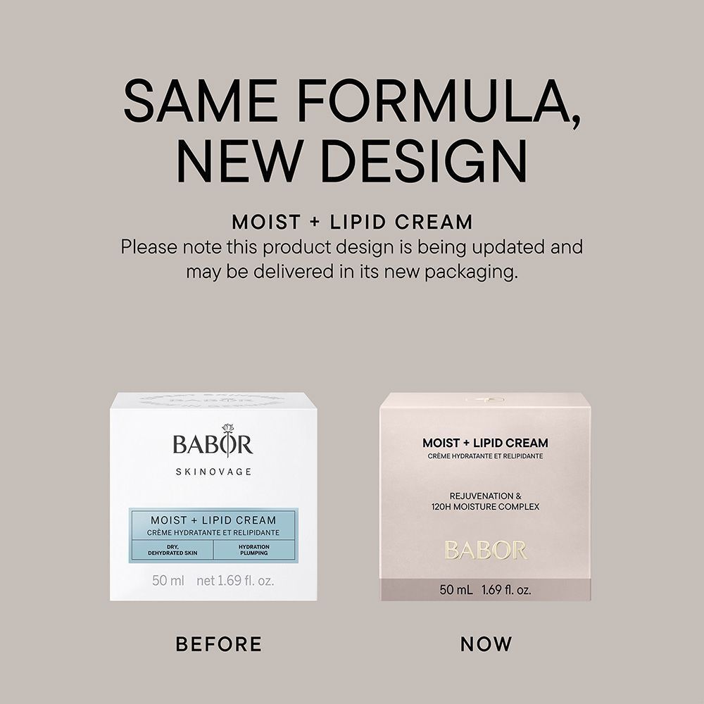 Babor Skinovage Moist+Lipid Cream, Rückseite mit Herstellungsangaben, Volumen und Website.