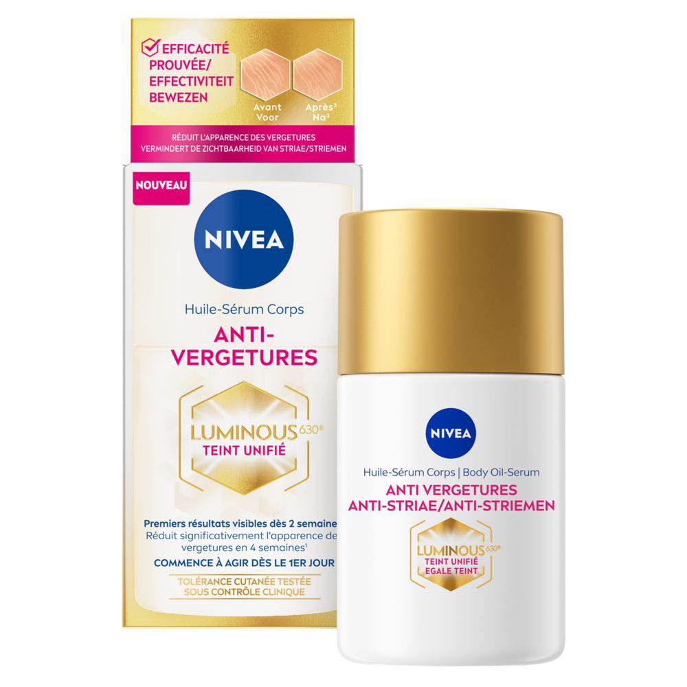 Produit avec emballage. Flacon et boîte. Texte : Nivea, Anti-Vergetures, Luminous 630. Bouchon doré.