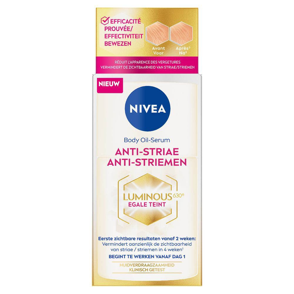 Produit avec emballage. Flacon et boîte. Texte : Nivea, Anti-Vergetures, Luminous 630. Bouchon doré.