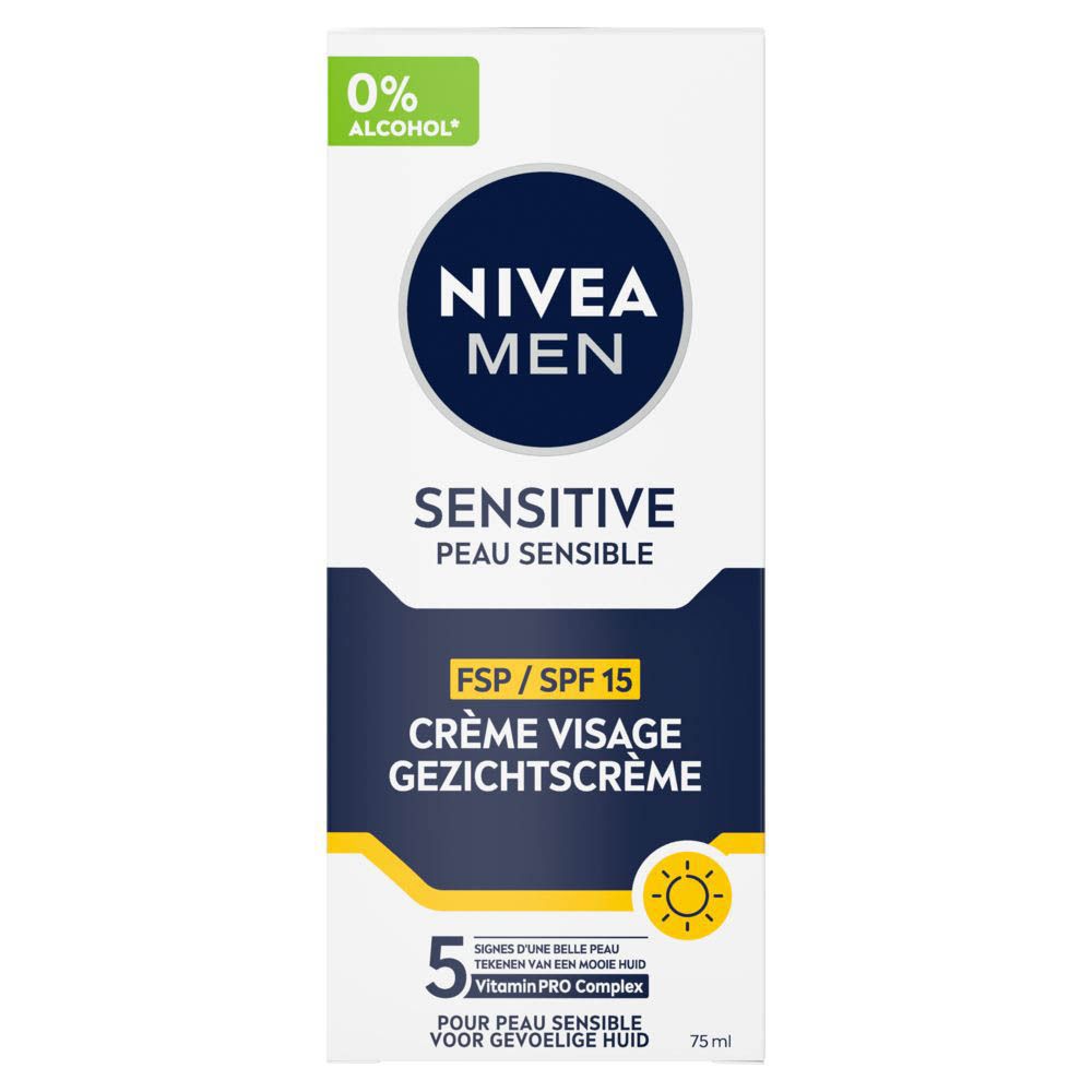 NIVEA MEN Sensitive Gesichtscreme SPF15. Weiße Schachtel mit blauer Schrift. Für empfindliche Haut. 75ml.