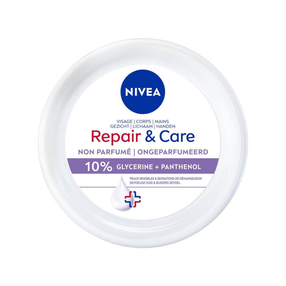 Couvercle d'un pot blanc Nivea Repair & Care. Inscription: Repair & Care, 10% Glycérine + Panthénol. Non parfumé.