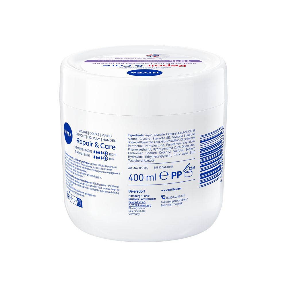 Pot blanc Nivea Repair & Care. Dos avec ingrédients et informations. Volume: 400 ml.
