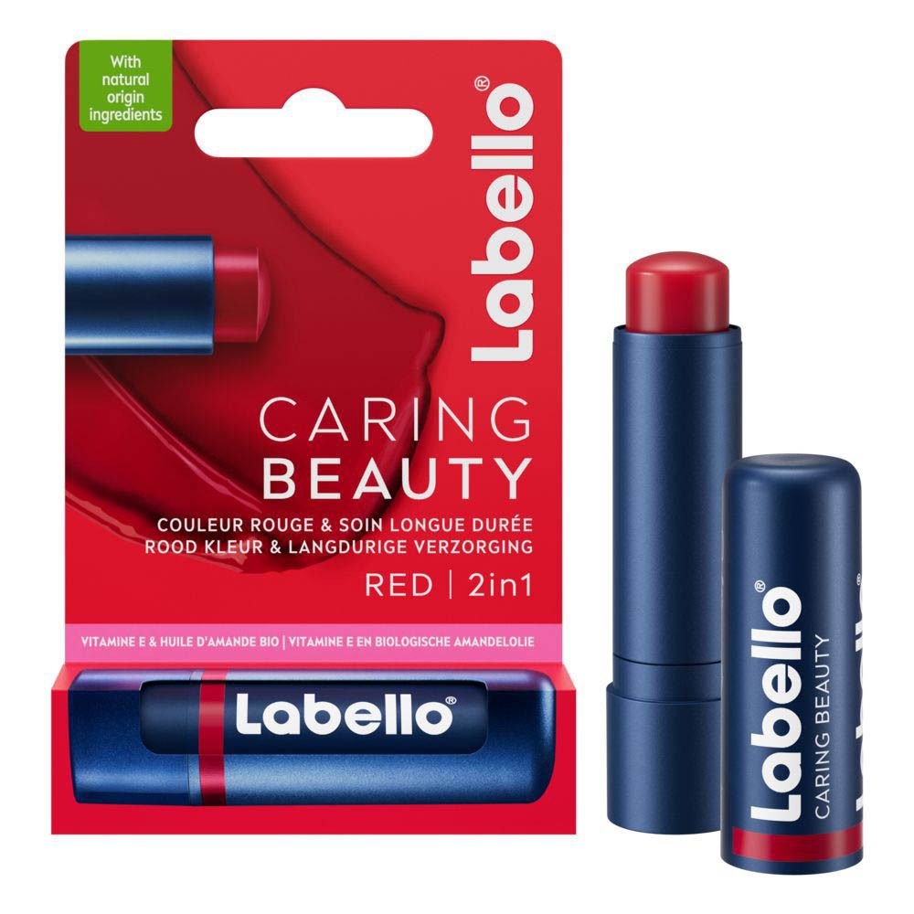 Labello Caring Beauty Red 2-en-1. Rouge à lèvres et emballage. Étui bleu, bâton rouge. Avec ingrédients d'origine naturelle.