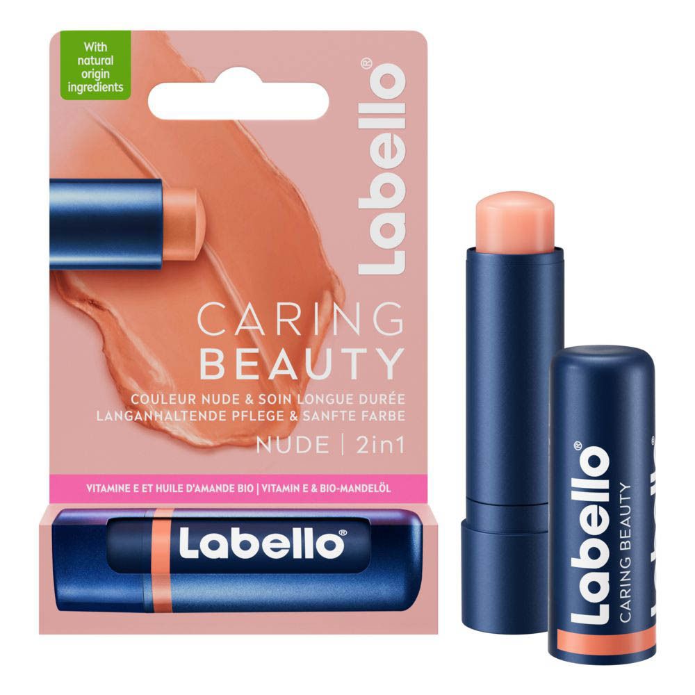 Baume à lèvres Labello Caring Beauty Nude, emballage et produit. Tube bleu, rouge à lèvres rose. Texte : Caring Beauty, Nude, 2en1.