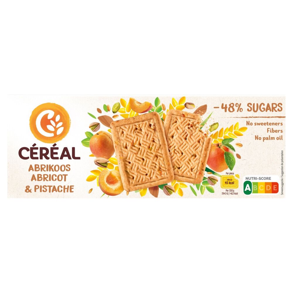Biscuits Céréal abricot et pistache. Deux biscuits, abricots et pistaches sur fond blanc. -48% de sucres.