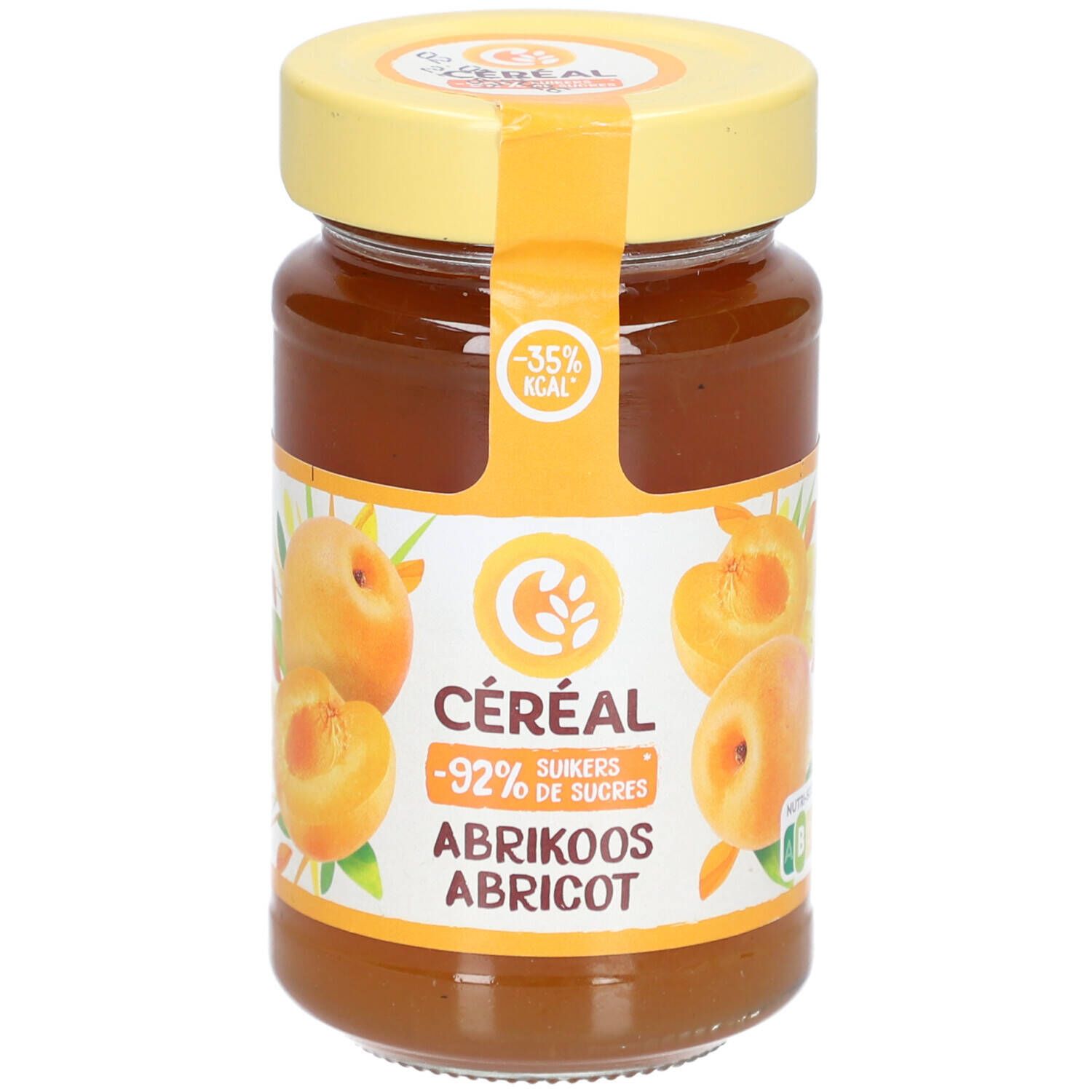 Glas mit Aprikosenkonfitüre. Gelber Deckel und Etikett. Aufschrift: CÉREAL, -92% suikers, ABRIKOOS, ABRICOT. -35% kcal.