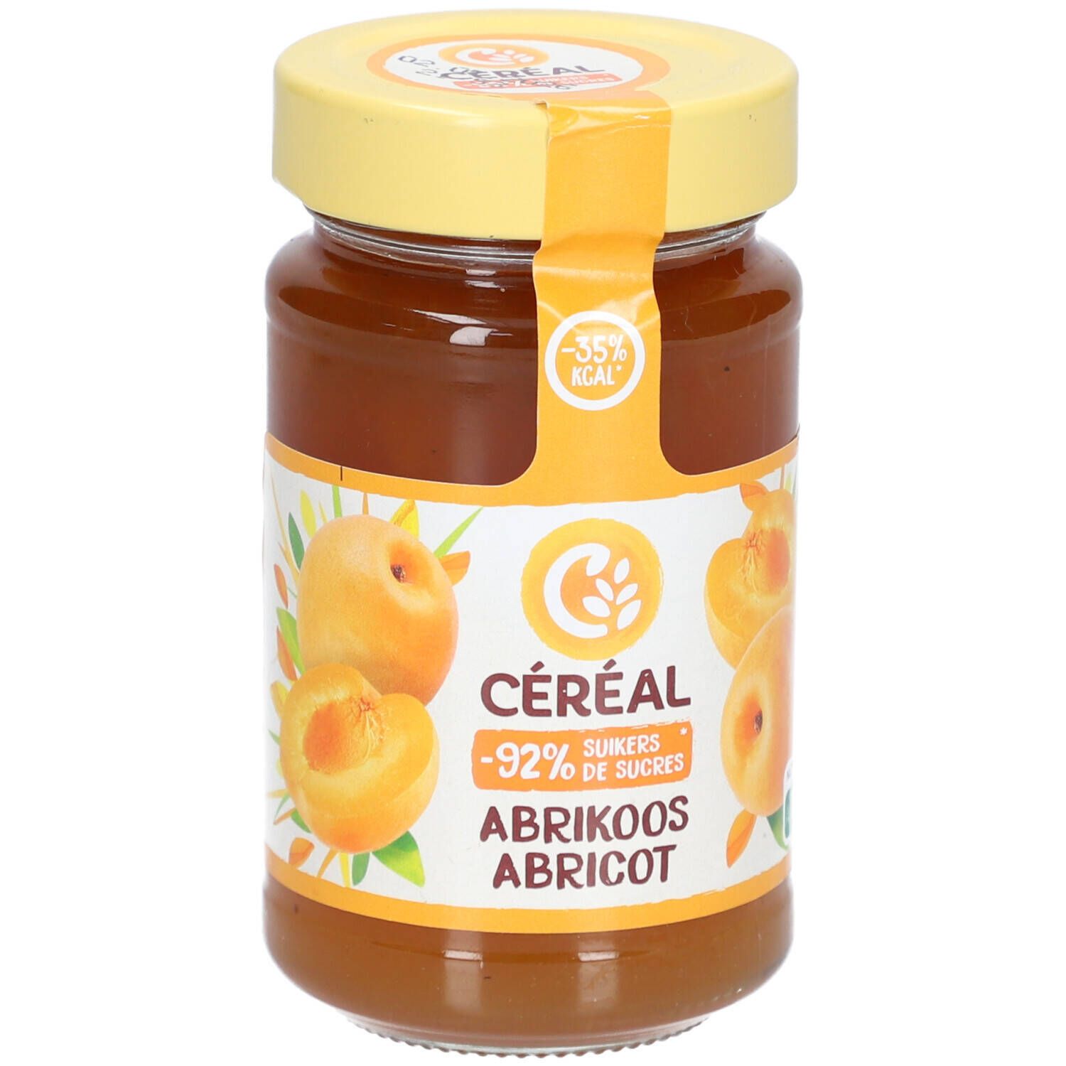 Glas mit Aprikosenkonfitüre. Gelber Deckel und Etikett. Aufschrift: CÉREAL, -92% suikers, ABRIKOOS, ABRICOT. -35% kcal.