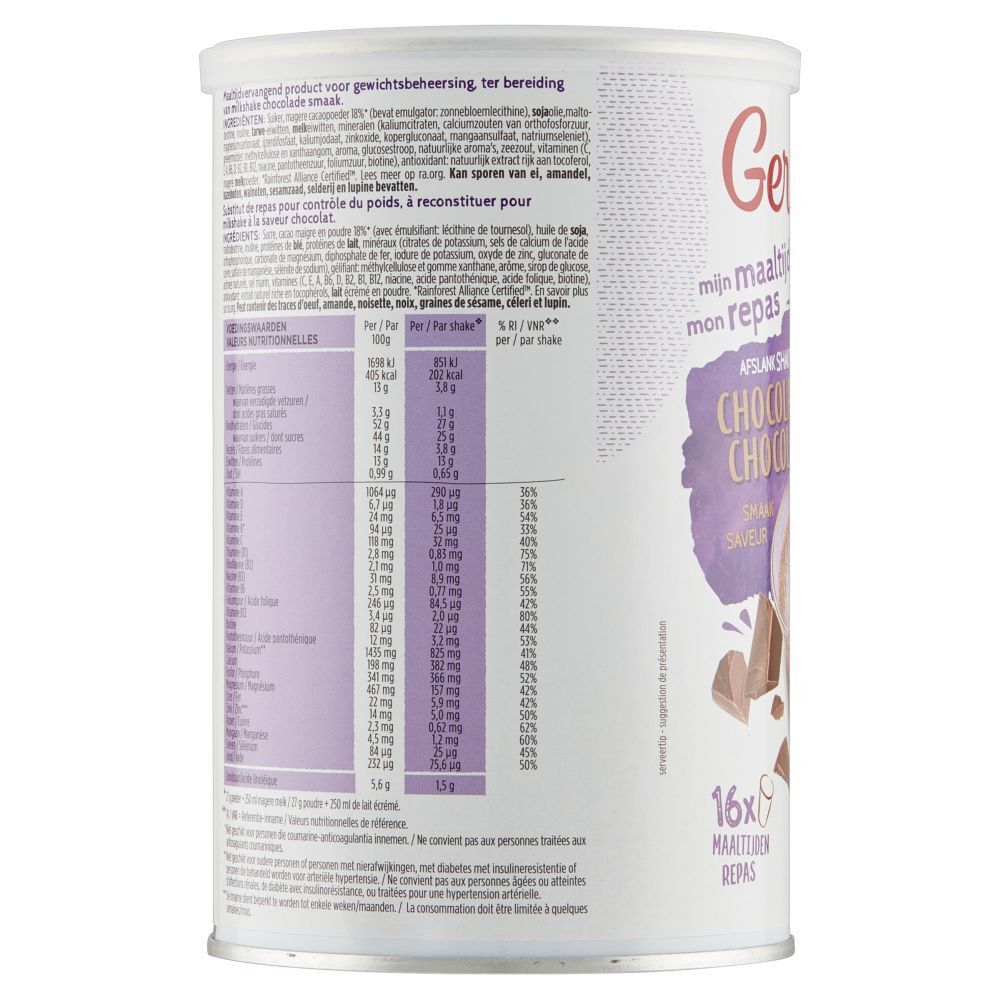 Dos de la boîte Gerlinéa Mon Repas Shake. Informations nutritionnelles et liste des ingrédients. Fond blanc avec des accents violets.