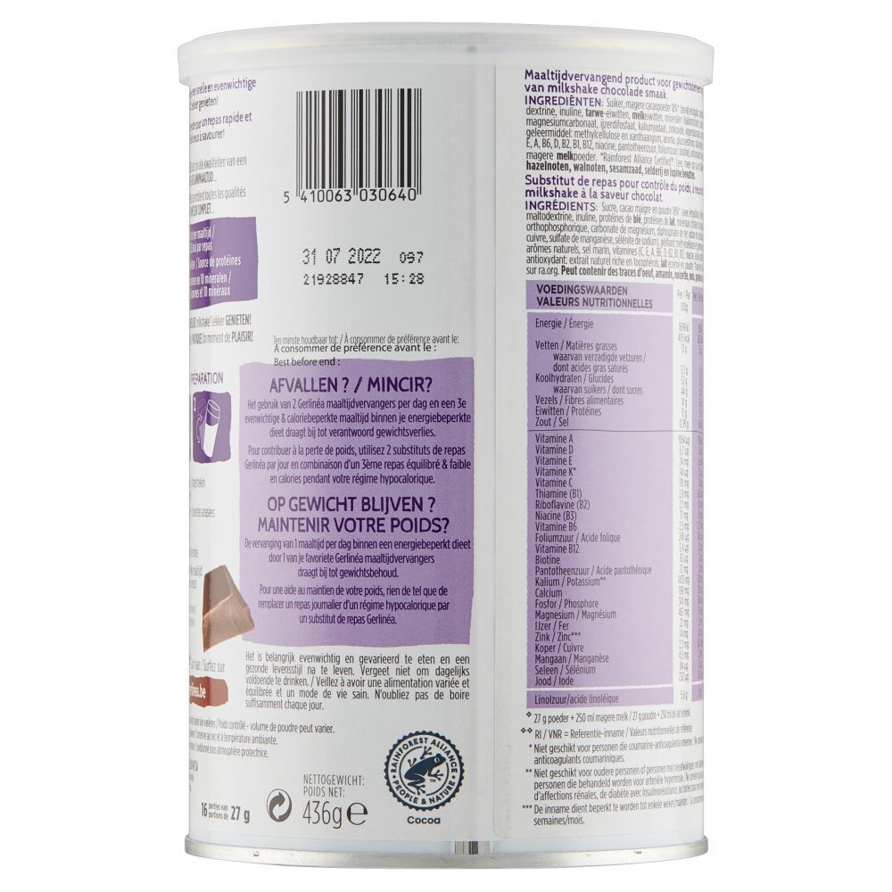 Dos de la boîte Gerlinéa Mon Repas Shake. Code-barres, date de péremption et informations nutritionnelles. Fond blanc avec des accents violets.