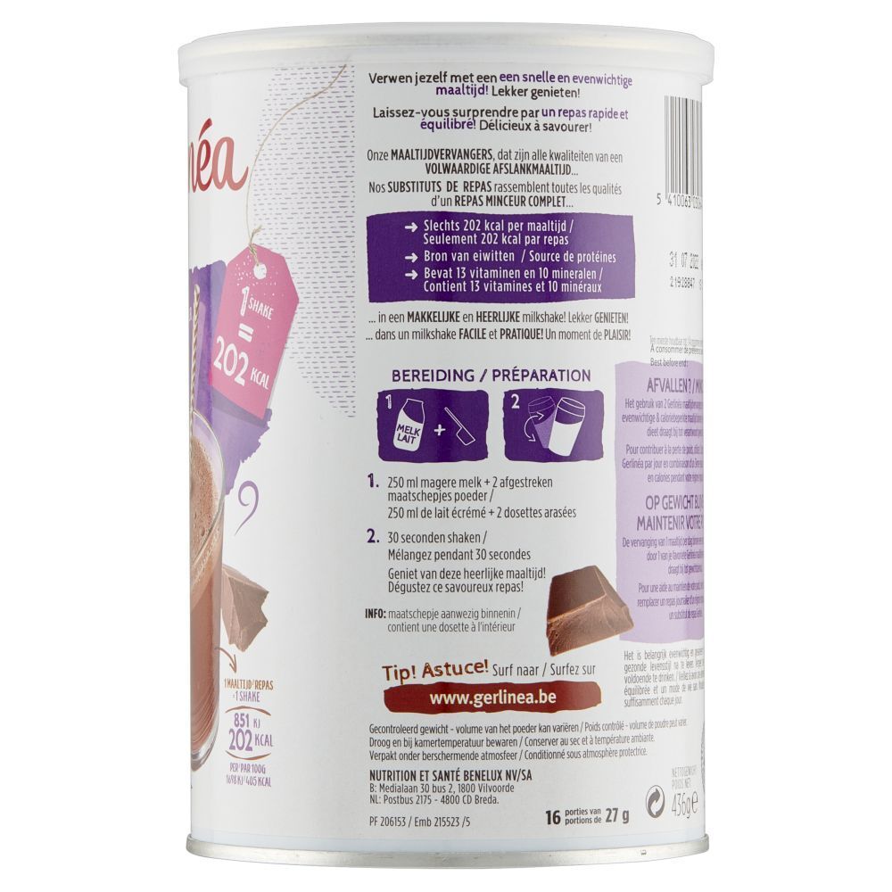 Dos de la boîte Gerlinéa Mon Repas Shake. Instructions de préparation et informations nutritionnelles. Fond blanc avec des accents violets.