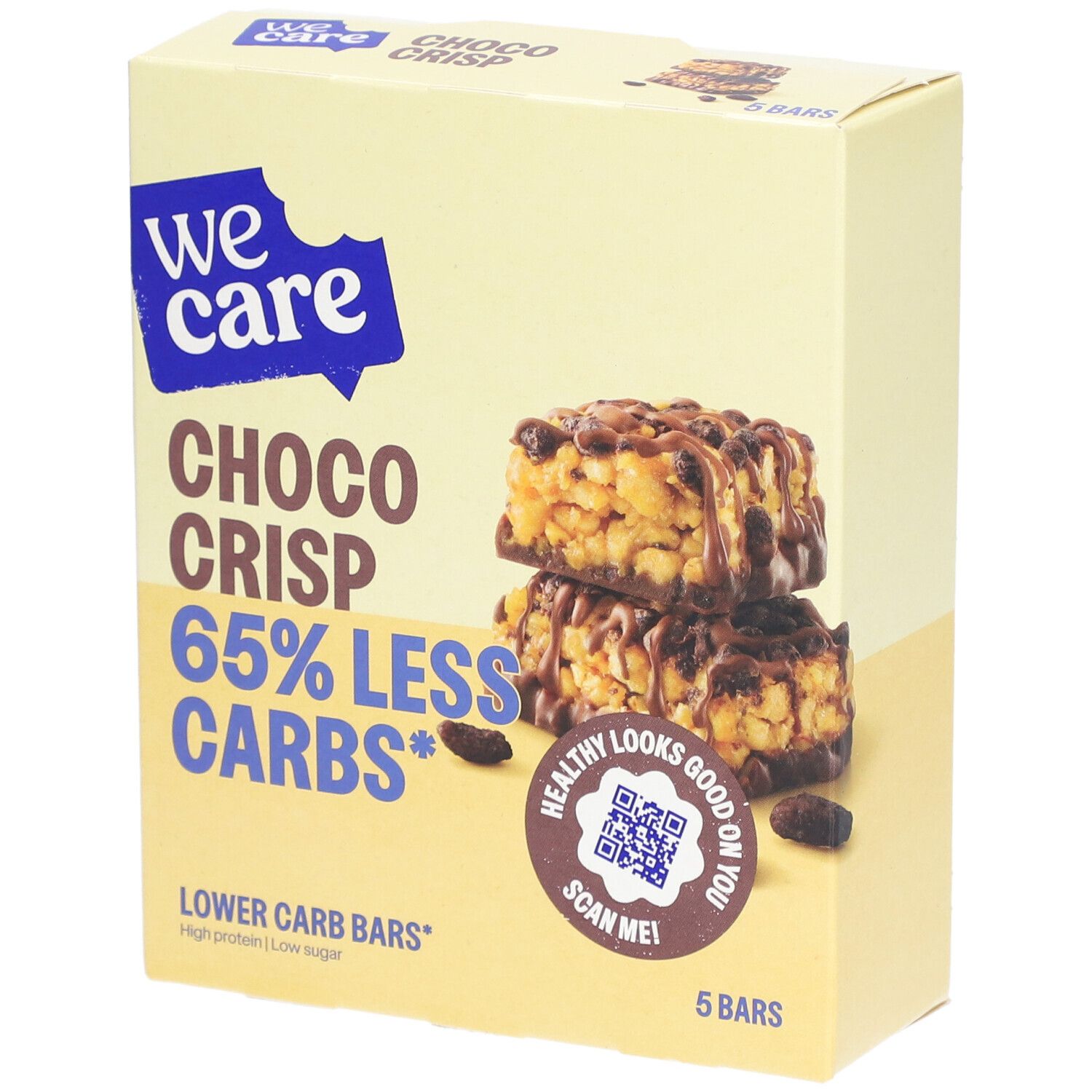 Verpackung von WE CARE Schokoriegel Choco Crisp. Aufdruck: 65% weniger Kohlenhydrate. 5 Riegel.