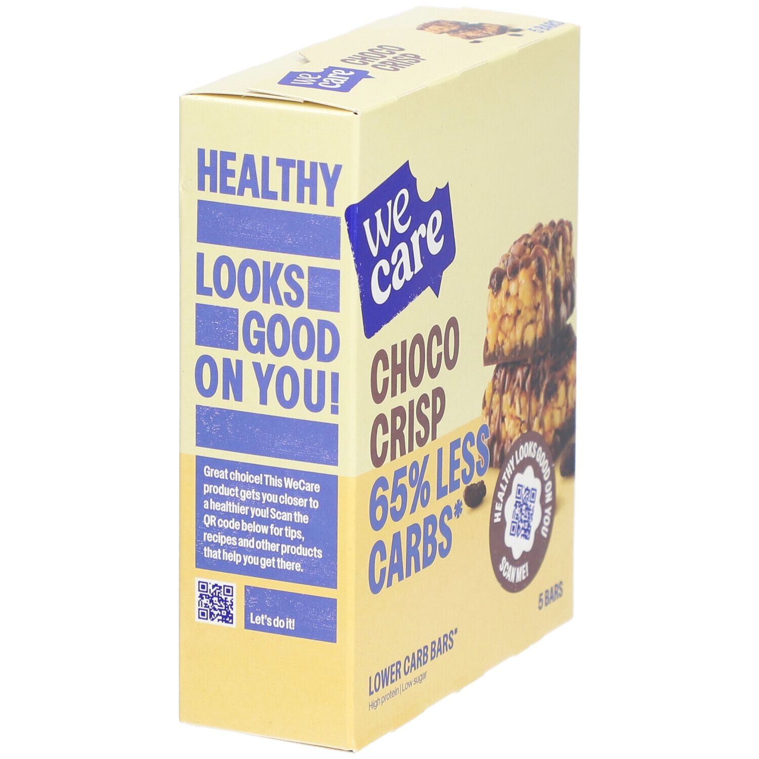 Verpackung von WE CARE Choco Crisp. Aufdruck: 65% weniger Kohlenhydrate. QR-Code zum Scannen.
