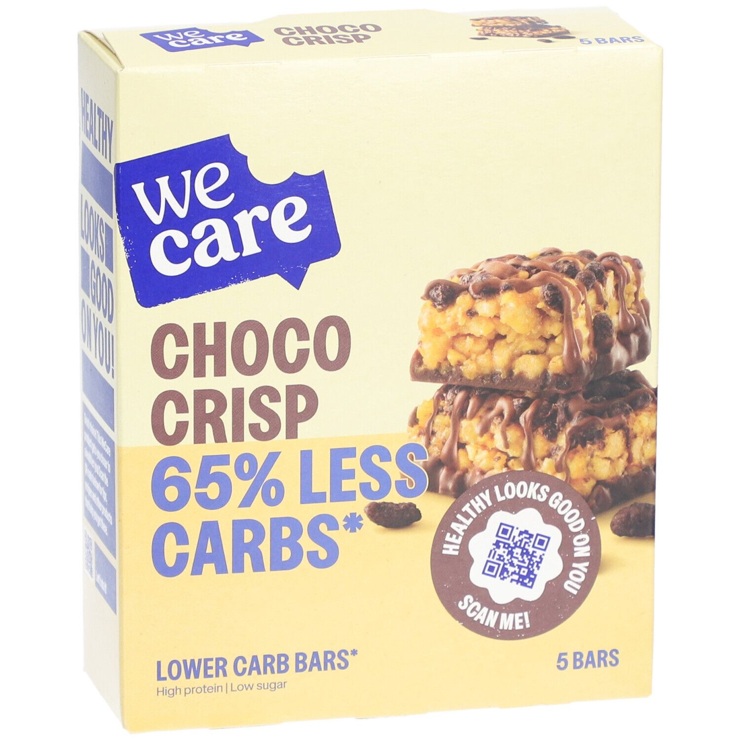 Verpackung von WE CARE Schokoriegel Choco Crisp. Aufdruck: 65% weniger Kohlenhydrate. 5 Riegel.