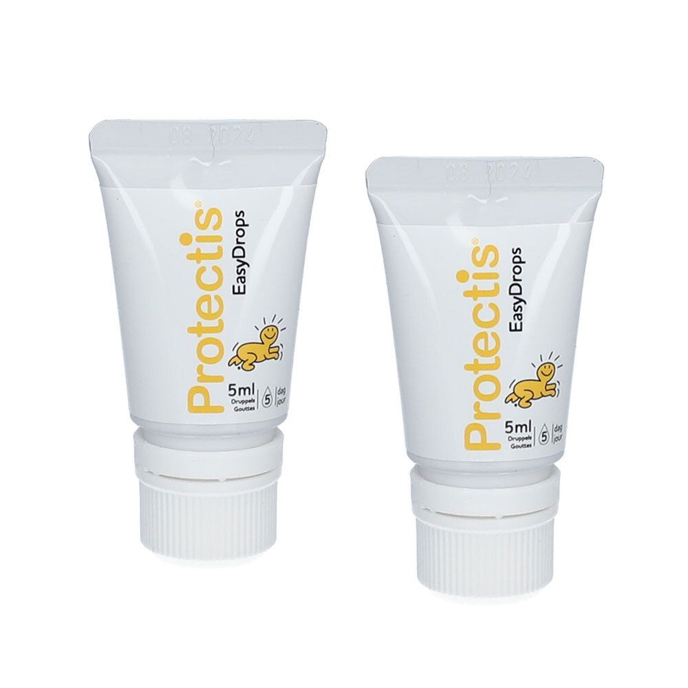 Twee tubes Protectis EasyDrops. Witte tubes, gele tekst en baby-logo.