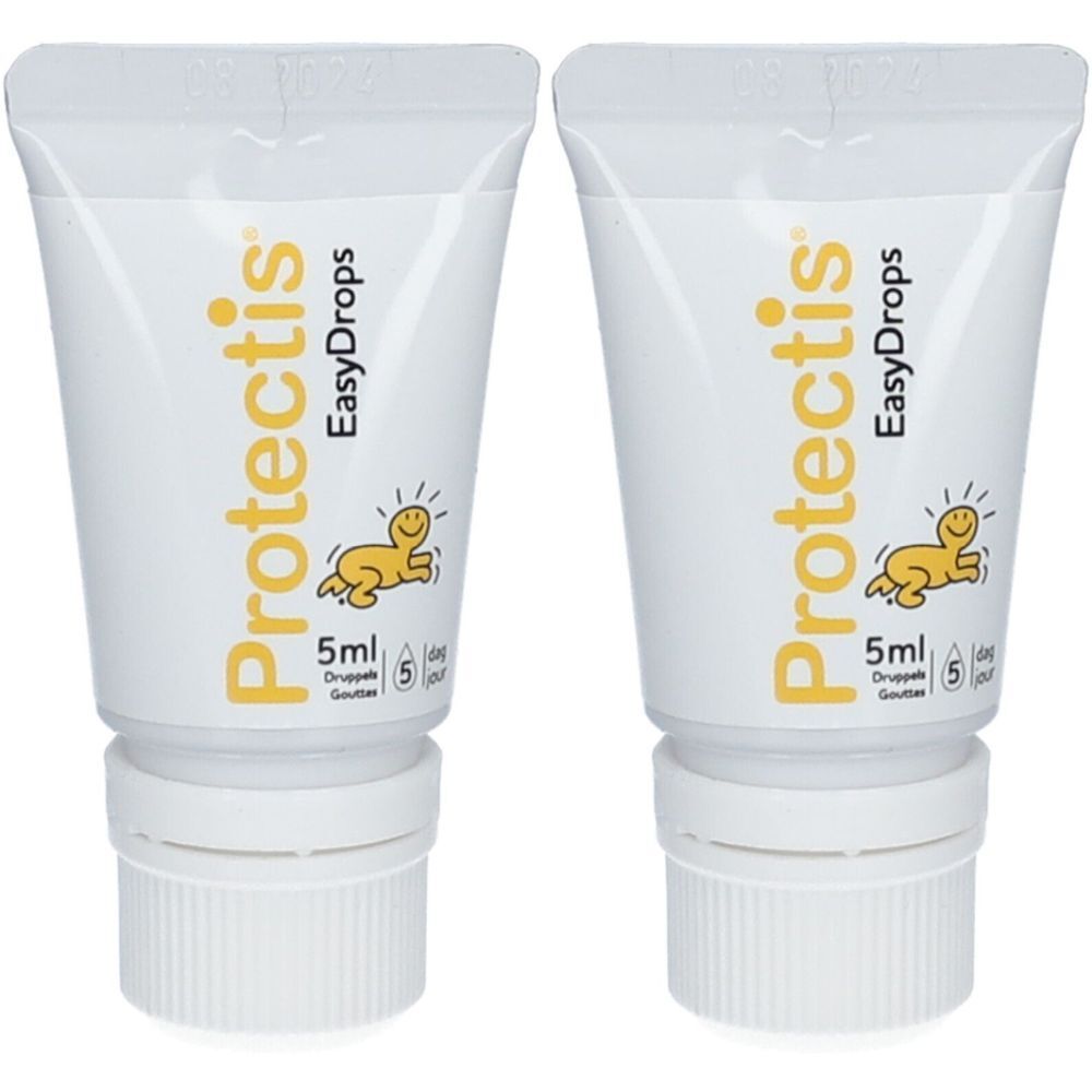 Twee tubes Protectis EasyDrops. Witte tubes met gele tekst en baby-logo.