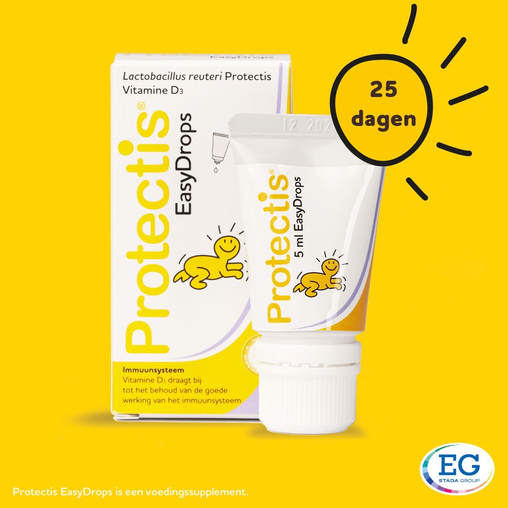 Verpakking en tube Protectis EasyDrops. Gele achtergrond, tekst en baby-logo.