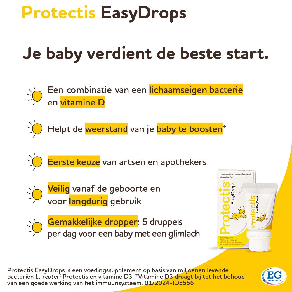 Baby met moeder. Protectis EasyDrops verpakking en tube. Gele achtergrond.