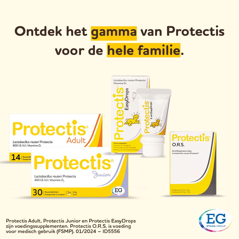 Verschillende Protectis producten. Verpakkingen op gele achtergrond.