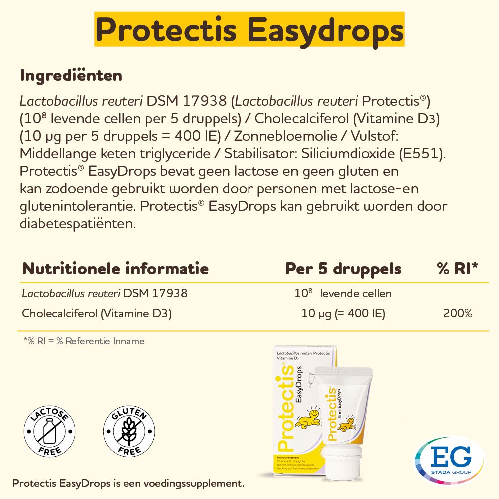 Protectis EasyDrops ingrediënten en voedingswaarde. Gele achtergrond.