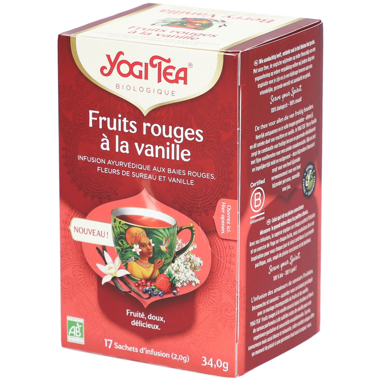 Boîte de thé Yogi Tea Fruits rouges à la vanille. Inscription, illustration d'une tasse de thé. 17 sachets.