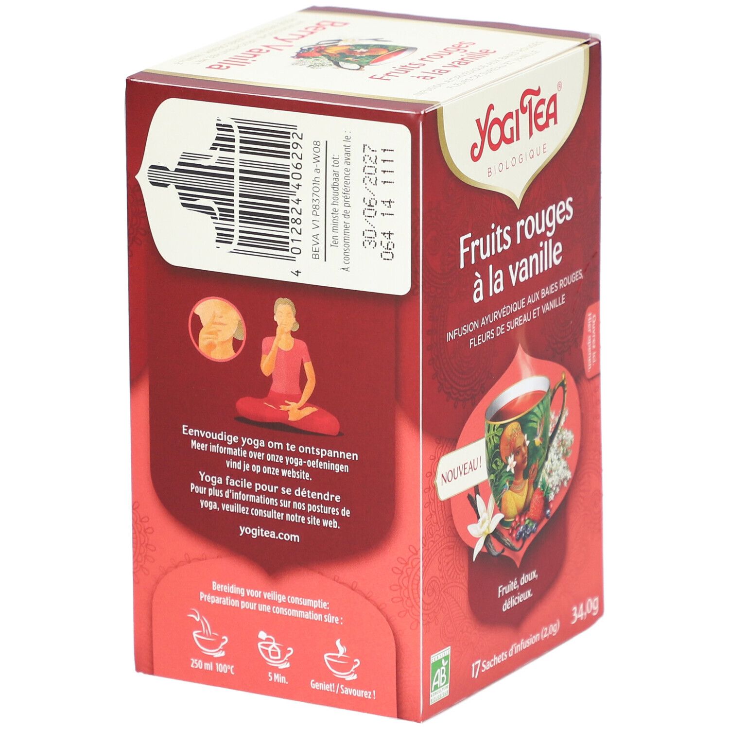 Dos de la boîte de thé Yogi Tea Fruits rouges à la vanille. Code-barres, logo, nom du produit, illustration yoga.