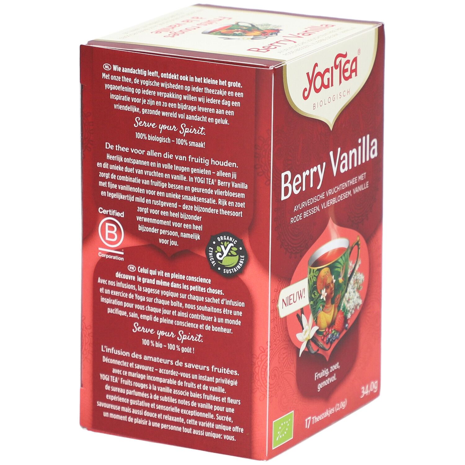 Dos de la boîte de thé Yogi Tea Berry Vanilla. Logo, nom du produit, illustration yoga, certification.