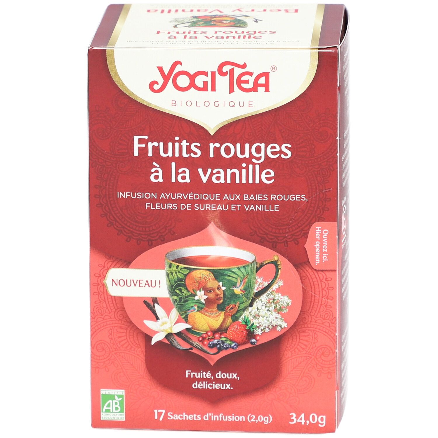 Boîte de thé Yogi Tea Fruits rouges à la vanille. Logo, nom du produit, illustration tasse de thé, 17 sachets.