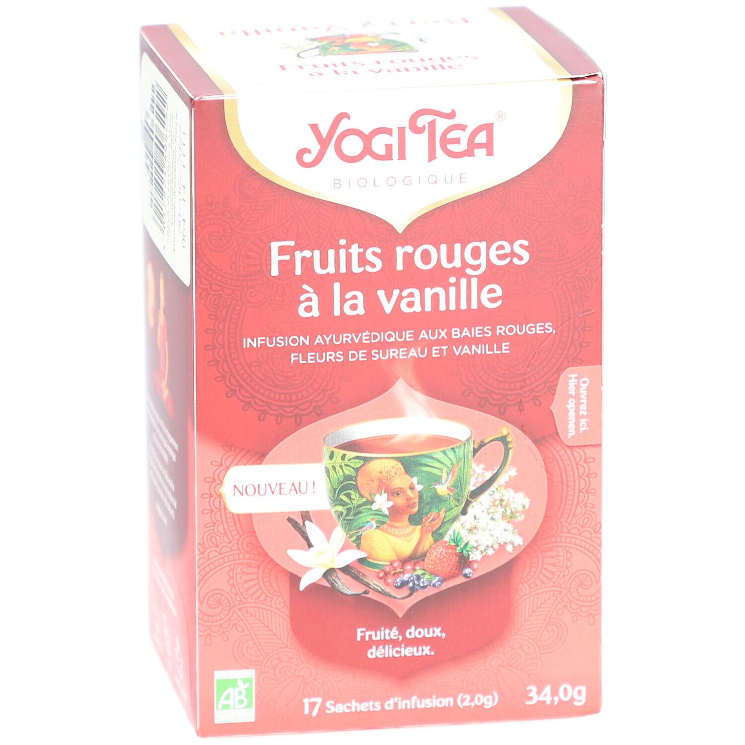 Boîte de thé Yogi Tea Fruits rouges à la vanille. Logo, nom du produit, illustration tasse de thé, 17 sachets.