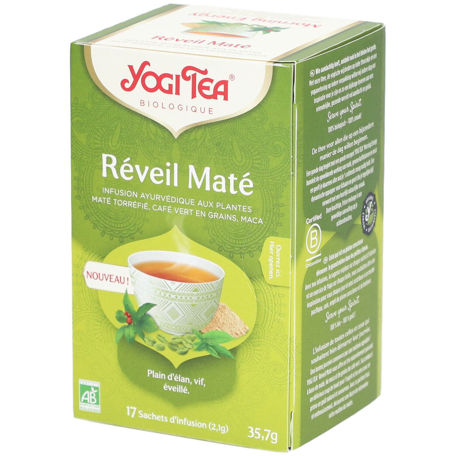Boîte verte Yogi Tea Réveil Maté. Inscription: 17 sachets, 35,7g, label bio, label AB. Illustration d'une tasse de thé.