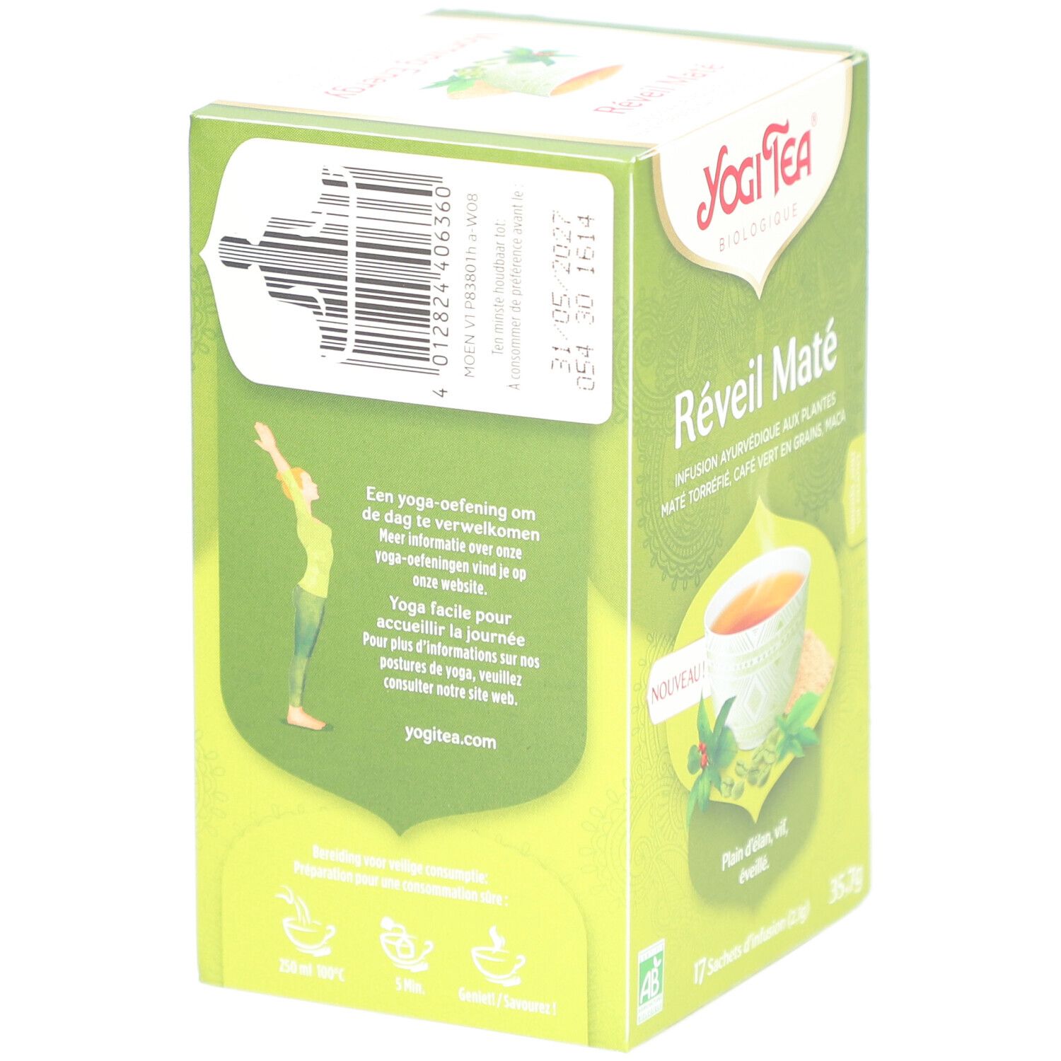 Dos de la boîte verte Yogi Tea Réveil Maté. Texte et illustration d'un exercice de yoga. Code-barres et date de péremption.