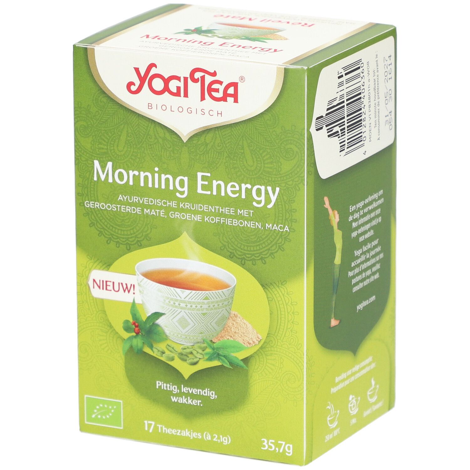 Boîte verte Yogi Tea Morning Energy. Inscription: 17 sachets, 35,7g, label bio. Illustration d'une tasse de thé.