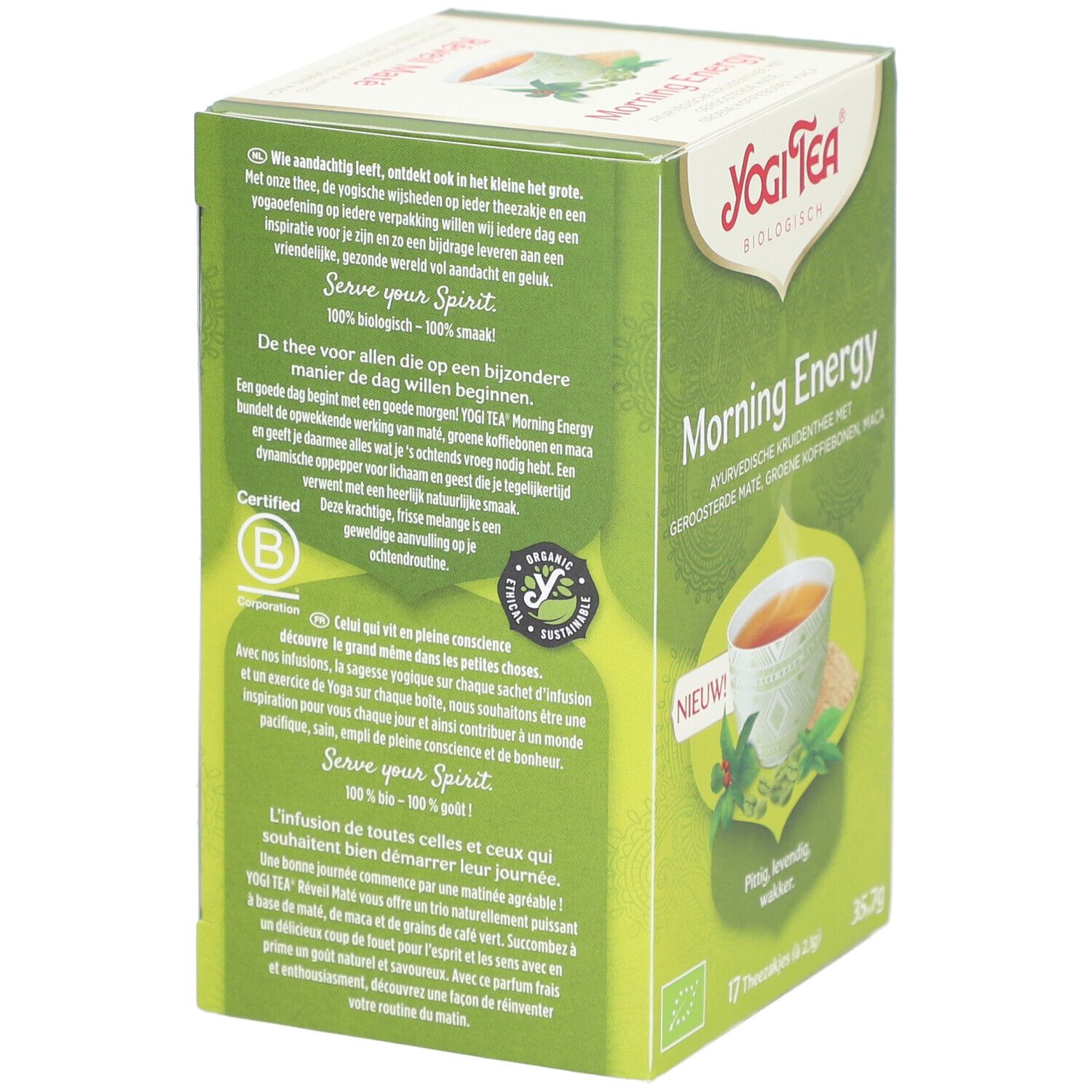 Dos de la boîte verte Yogi Tea Morning Energy. Texte et illustration. Label bio et certification halal.